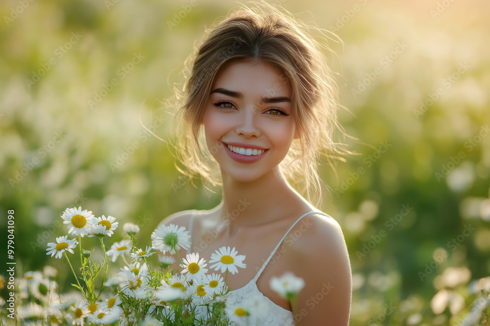 Radiant Young Woman Smiling Amidst a Field of Daisies Radiant Young Woman Smiling Amidst a Field of Daisies