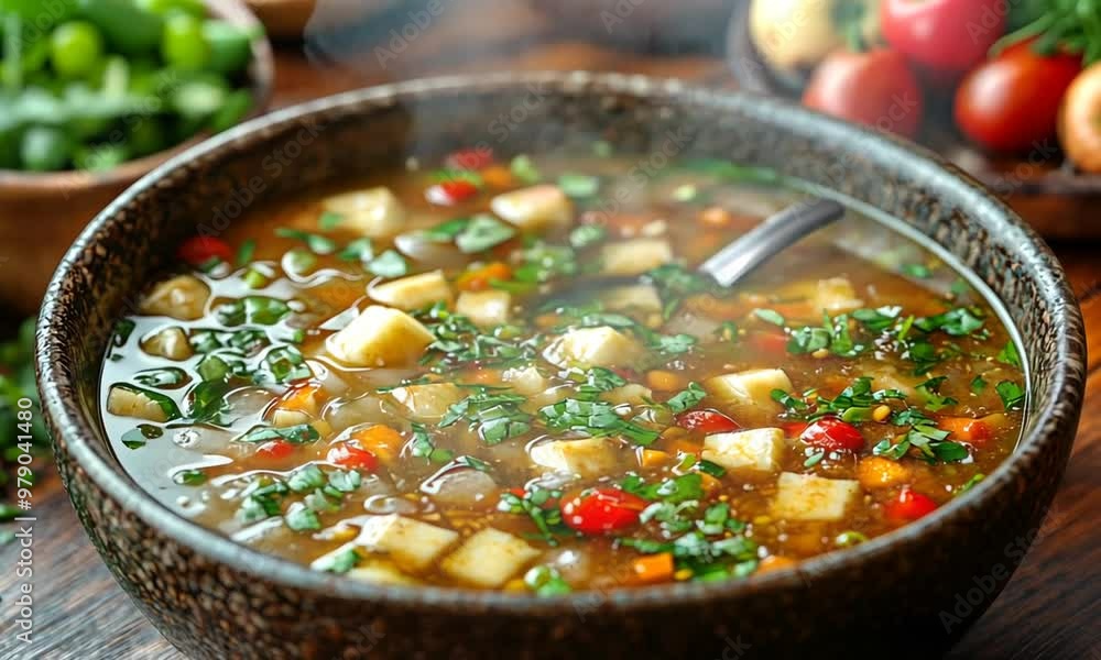 Homemade Vegetable Soup in a Rustic Bowl Homemade Vegetable Soup in a Rustic Bowl