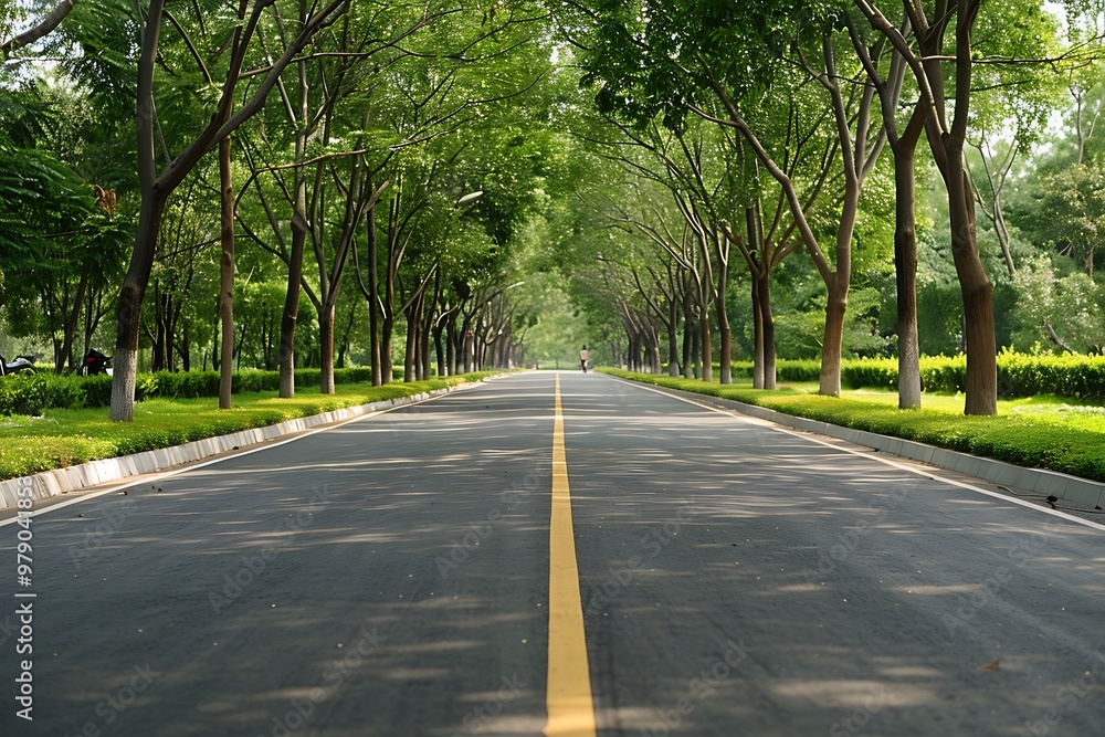 Asphalt road in the park with green trees Asphalt road in the park with green trees