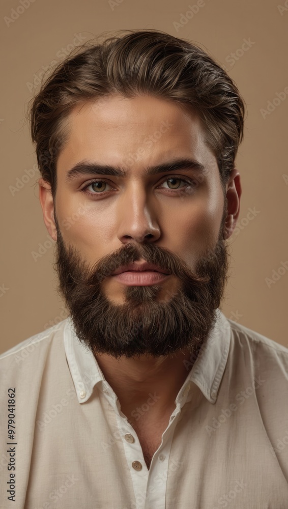 Close-up of young man with dark hair, stubble beard, and neutral expression Close-up of young man with dark hair, stubble beard, and neutral expression