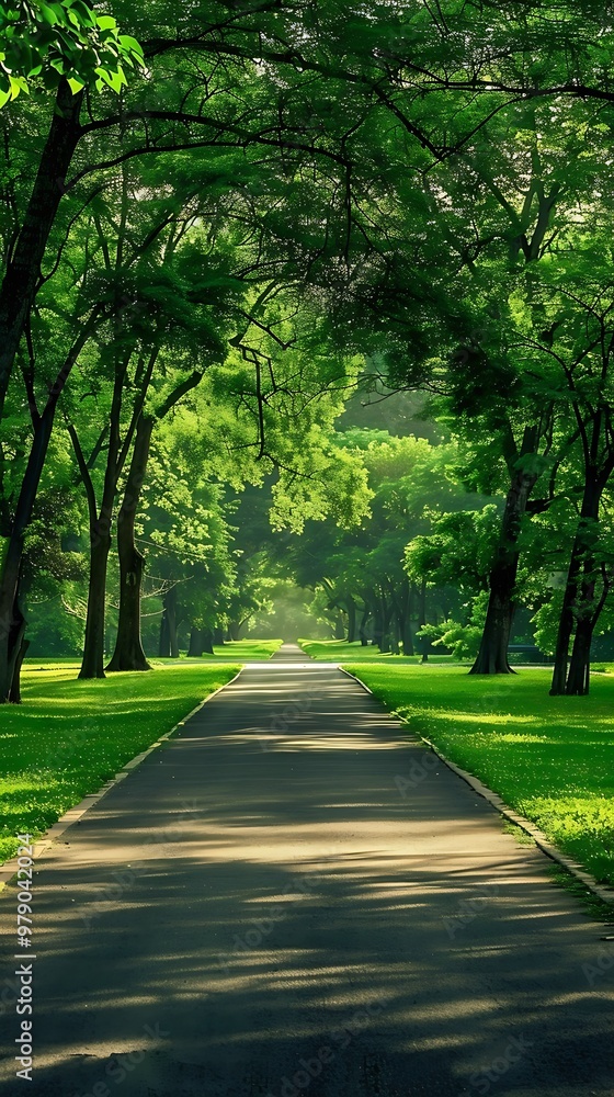 Empty asphalt road in the park with green grass and tree background. Empty asphalt road in the park with green grass and tree background.