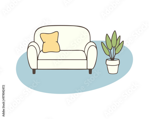 Cozy home interior with sofa with yellow pillows and an indoor flower in pot, flat design in pastel colors. Hand drawn outline drawing. Vector illustration