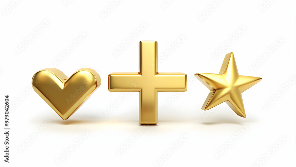Obraz premium Golden symbols of plus sign, check mark, heart, and star on white background, shiny and symbolic, , objects, signs, symbols