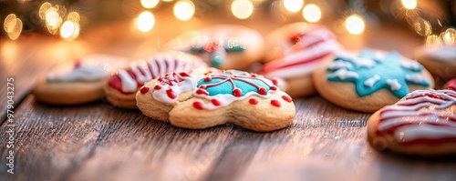 Colorful holiday cookies decorated with festive icing on a rustic wooden table, surrounded by soft bokeh lights.