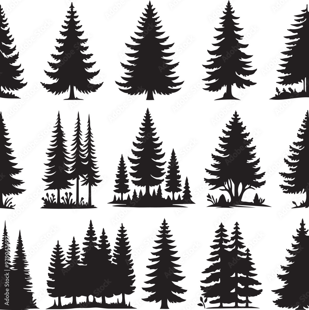 Fototapeta premium Pine Trres vector trees set. Tree icons are set in a modern flat style. Vector silhouette, graphic trees elements and landscape,generative ai,