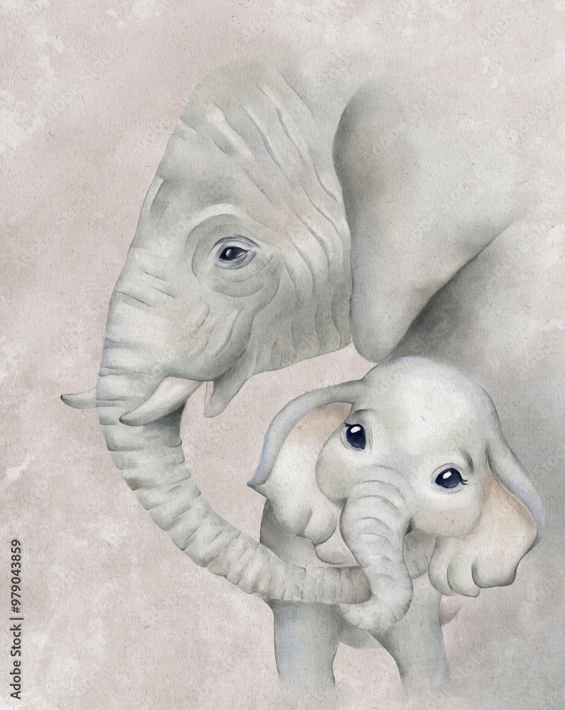 Gentle moment between a mother elephant and her young calf in soft ...