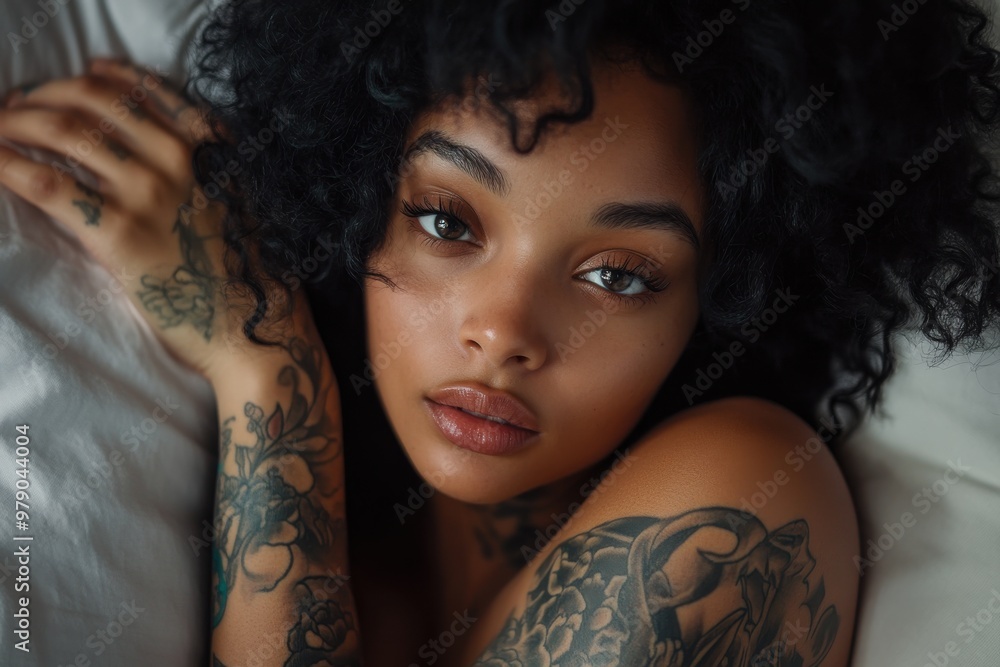 Fototapeta premium A woman with a tattoo on her arm is laying on a bed. She has a tattoo on her arm and is wearing a black shirt