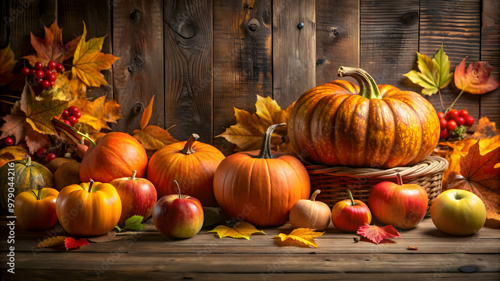 Autumn still life featuring pumpkins, apples, and fallen leaves , fall, harvest, seasonal, decoration, rustic, natural, farm Autumn still life featuring pumpkins, apples, and fallen leaves , fall, harvest, seasonal, decoration, rustic, natural, farm