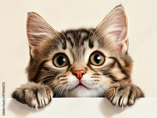 Illustrate a charming kitten from a low angle, emphasizing its soft fur and big eyes, in a traditional art style reminiscent of watercolor paintings photo