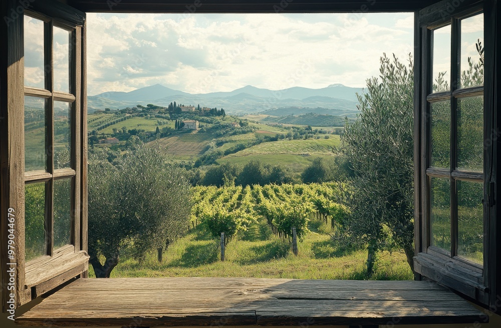 A window overlooking a vineyard with a view of the mountains. The scene is peaceful and serene, with the lush green vines and the beautiful landscape A window overlooking a vineyard with a view of the mountains. The scene is peaceful and serene, with the lush green vines and the beautiful landscape