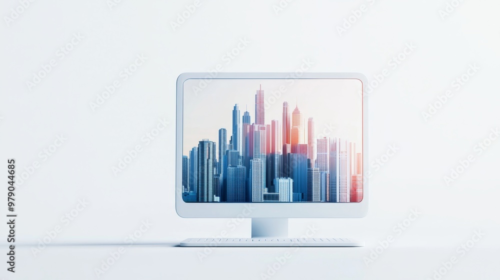 Illustrate a detailed CG 3D rendering of a birds-eye view computer with a transparent glass screen displaying a vibrant cityscape reflection Illustrate a detailed CG 3D rendering of a birds-eye view computer with a transparent glass screen displaying a vibrant cityscape reflection
