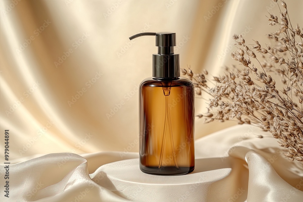 Naklejka premium Dark amber glass pump bottle on satin cloth podium. Beige color background with dried flax flowers. Natural cosmetics products design