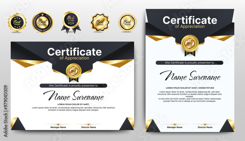 Black and gold certificate of appreciation border template with luxury badge and modern line and shapes. For award, business, and education needs. Diploma vector template
