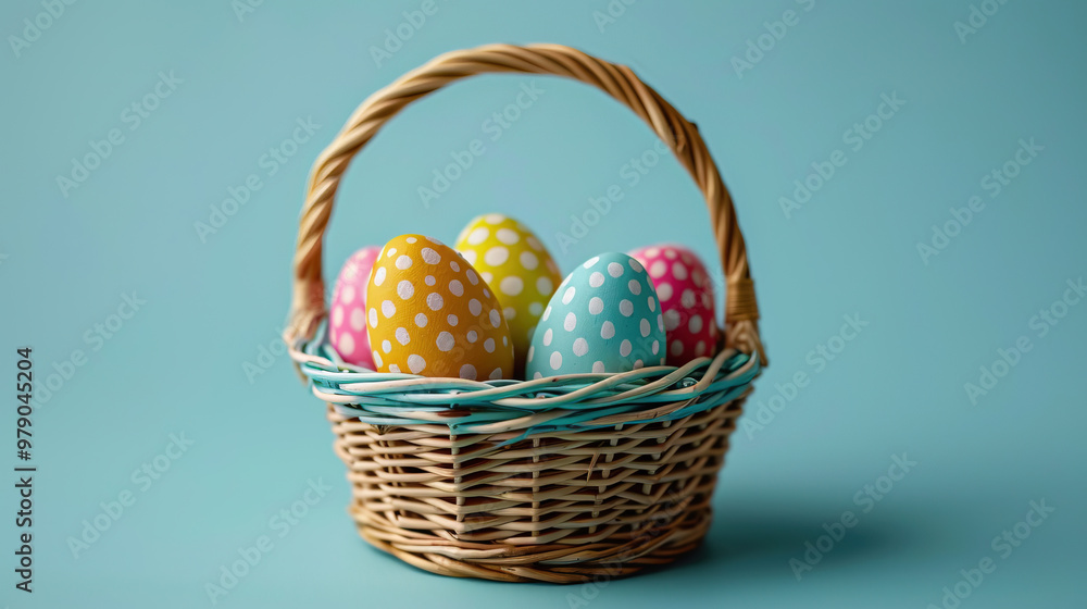 Colorful Eater Eggs in Basket isolated in blue background Colorful Eater Eggs in Basket isolated in blue background