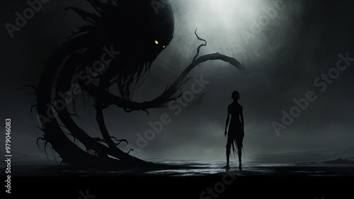 demon of evil, the essence of horror and nightmare darkness, black dark essence silhouette frightening creature phobia, computer graphics