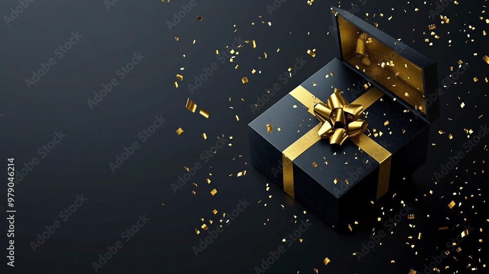 Black Friday sale. Realistic 3d template of open gift boxes. Dark gift box with gold confetti. New Year and Christmas design. Xmas decorative surprise object. Present birthday. generative ai Black Friday sale. Realistic 3d template of open gift boxes. Dark gift box with gold confetti. New Year and Christmas design. Xmas decorative surprise object. Present birthday. generative ai