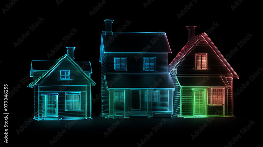 small houses isolated on a black background, layer style neon light pattern, object to overlay small houses isolated on a black background, layer style neon light pattern, object to overlay