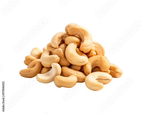 Cashew nuts tumble down on a clean white backdrop. Suitable for food packaging designs, health magazines, and nut industry promotions. Generative AI photo