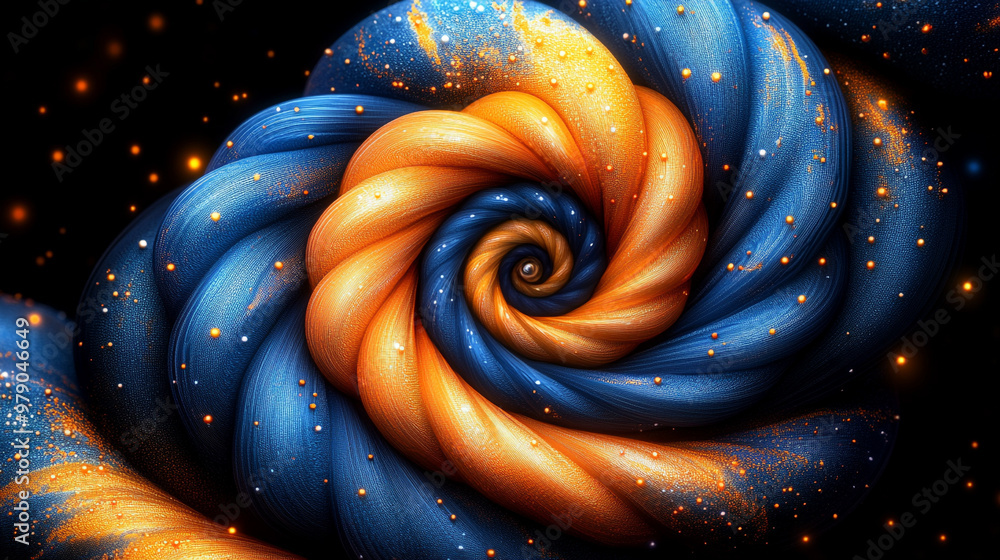 A vibrant swirl of blue and orange, creating a mesmerizing abstract pattern filled with cosmic elements and sparkling details. A vibrant swirl of blue and orange, creating a mesmerizing abstract pattern filled with cosmic elements and sparkling details.