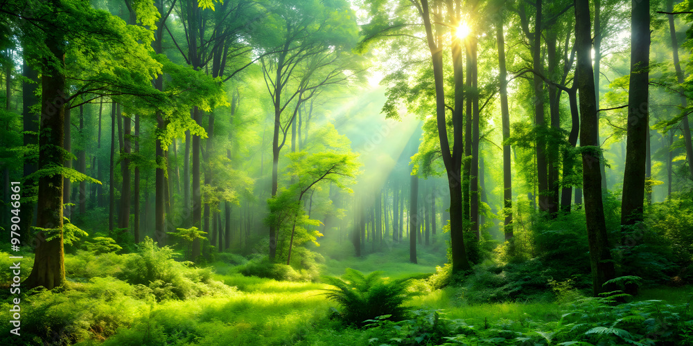 Naklejka premium Lush green forest bathed in soft morning light, forest, trees, nature, sunrise, peaceful, tranquil, serene, landscape