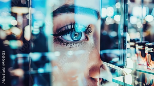 Close-up of a person’s face with intense focus on a high-end smartphone, set against a blurred background filled with luxury products.Millennial,Gen Z,social media,5G,AI,desire,craving.