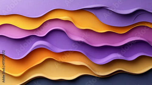 Colorful, layered paper waves create an abstract, artistic background in purple, orange, and yellow tones, ideal for design projects.