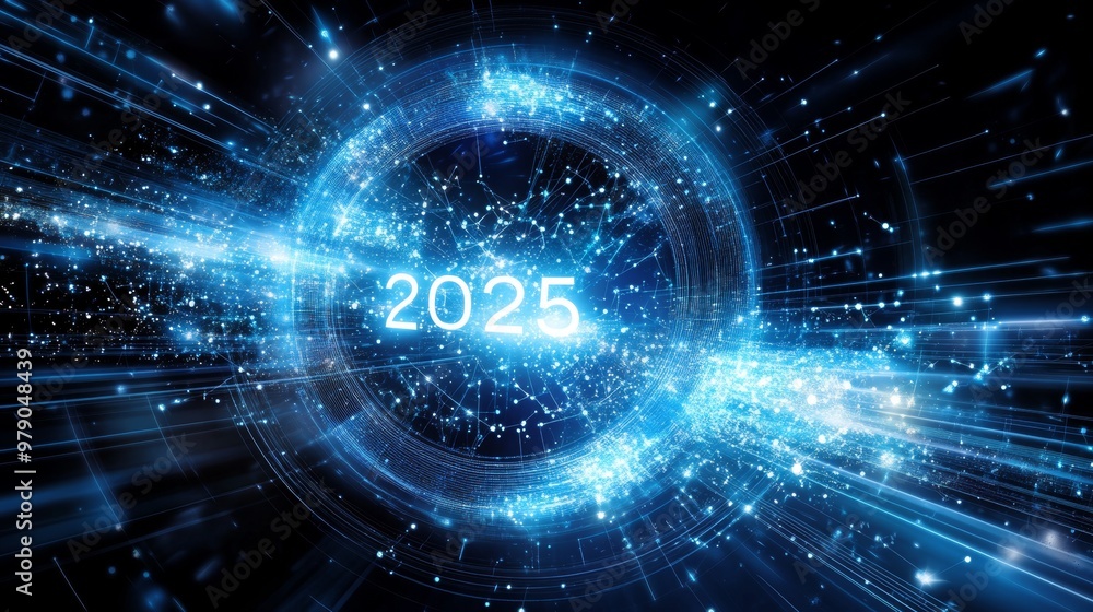 Obraz premium Technological Sphere 2025. Abstract Data Flow in Blue with Numbers Symbolizing Digital Future.