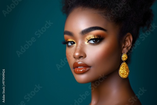 Close-up beautiful African American woman, gold earrings, immaculate makeup, blue background, copy space. photo