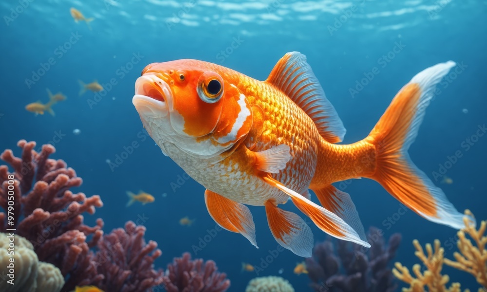 Orange and white fish swims in blue water Orange and white fish swims in blue water