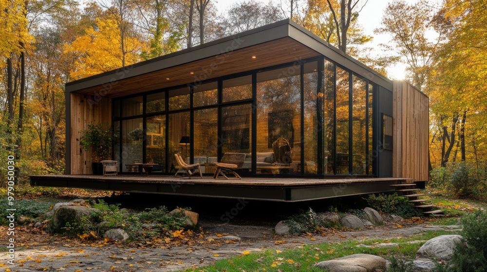 A contemporary cube house with a rustic wooden facade, large glass windows, and a porch that encircles the home, set in a serene forest environment A contemporary cube house with a rustic wooden facade, large glass windows, and a porch that encircles the home, set in a serene forest environment