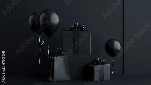Black Friday poster or banner featuring a black gift box, shopping bag, discount balloon and product display podium. Designed as a sales banner template for social media and websites. generative ai