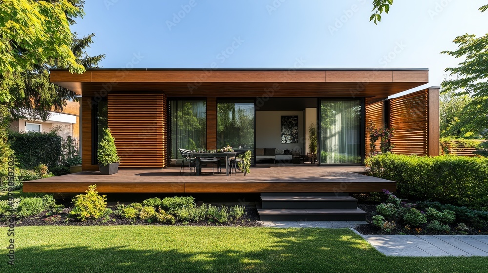 A cube-shaped home with a sleek slatted wooden facade, horizontal lines creating a seamless modern aesthetic, blending with nature for warmth and style A cube-shaped home with a sleek slatted wooden facade, horizontal lines creating a seamless modern aesthetic, blending with nature for warmth and style