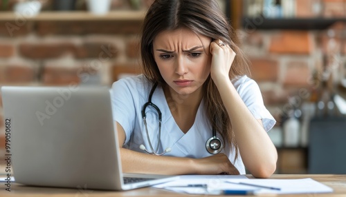 Concerned Young Female Nurse Reviews Medical Data on Laptop, Expressing Worry and Stress