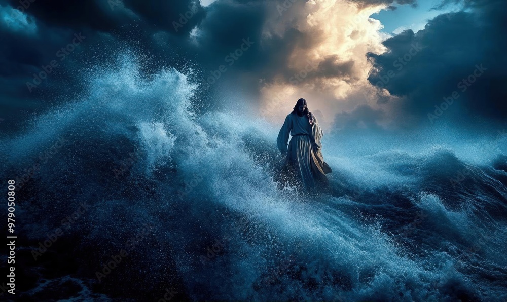 Obraz premium A lone figure stands amidst turbulent waves, the sky above filled with dramatic storm clouds.