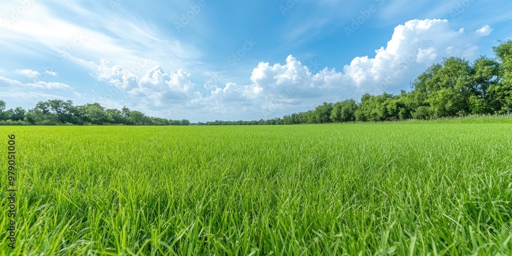 Gorgeous natural beautiful view of a blue sky with clouds in the horizon set against a green field of mowed grass. A lush green grass on a beautiful summer's day. Gorgeous natural beautiful view of a blue sky with clouds in the horizon set against a green field of mowed grass. A lush green grass on a beautiful summer's day.