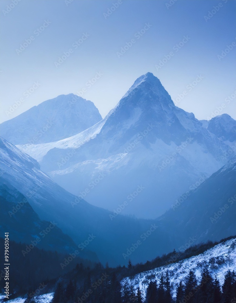 Snow-capped peaks in a remote mountain range, surrounded by untouched wilderness Snow-capped peaks in a remote mountain range, surrounded by untouched wilderness