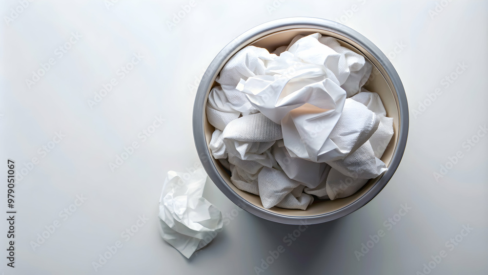 Crumpled toilet paper in a crowded trash can, top view, isolated on white background , waste, bathroom, garbage, cleanliness Crumpled toilet paper in a crowded trash can, top view, isolated on white background , waste, bathroom, garbage, cleanliness