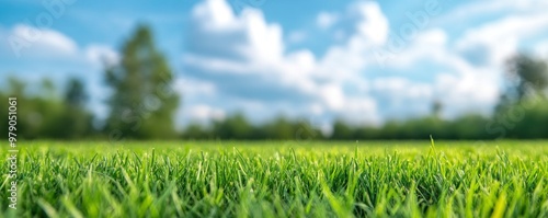 Gorgeous natural beautiful view of a blue sky with clouds in the horizon set against a green field of mowed grass. A lush green grass on a beautiful summer's day.