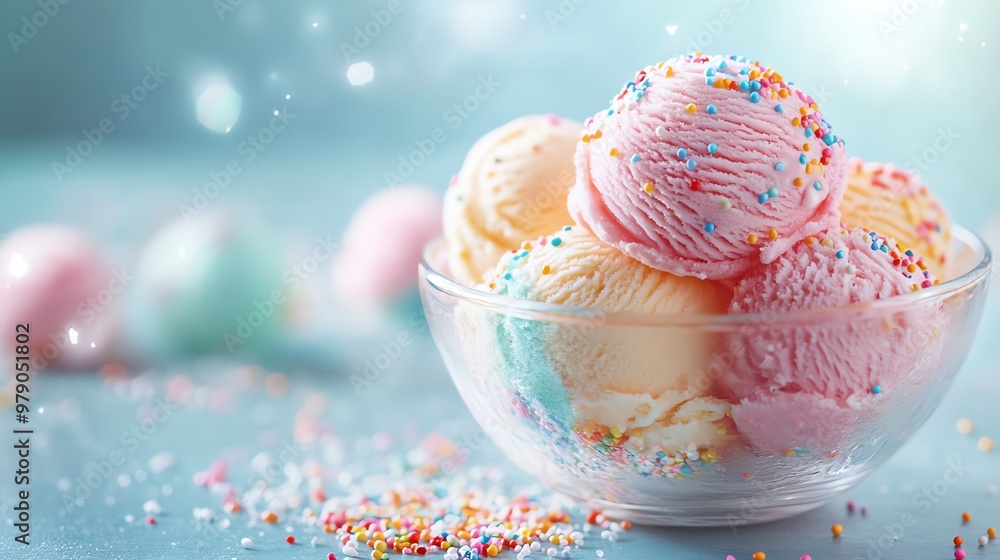 Scoop balls of pastel sorbet ice cream in a clear glass bowl, sprinkles scattered across the surface, vibrant dessert concept with copy space Scoop balls of pastel sorbet ice cream in a clear glass bowl, sprinkles scattered across the surface, vibrant dessert concept with copy space