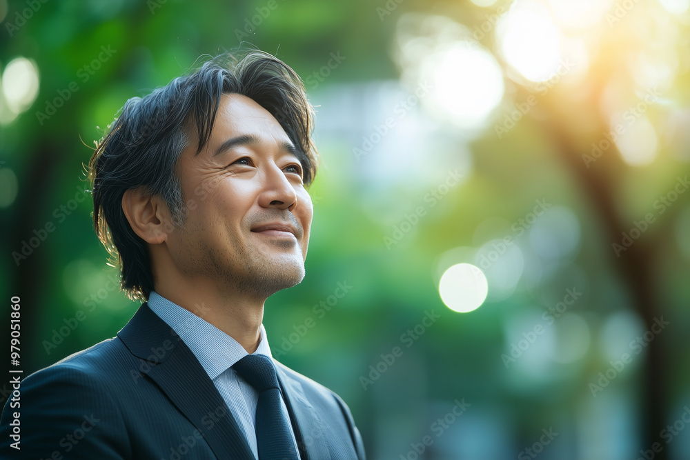 Middle aged Japanese businessman looking towards the city, side view, with a green bokeh background. Asian man is wearing suit and tie, standing outdoors. This is a business concept. Middle aged Japanese businessman looking towards the city, side view, with a green bokeh background. Asian man is wearing suit and tie, standing outdoors. This is a business concept.