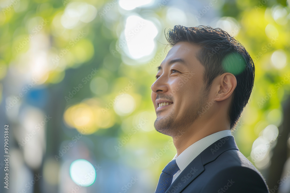 Middle aged Japanese businessman looking towards the city, side view, with a green bokeh background. Asian man is wearing suit and tie, standing outdoors. This is a business concept. Middle aged Japanese businessman looking towards the city, side view, with a green bokeh background. Asian man is wearing suit and tie, standing outdoors. This is a business concept.