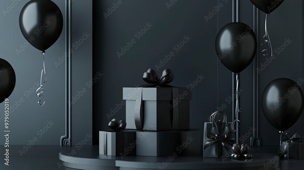 Black Friday poster or banner featuring a black gift box, shopping bag, discount balloon and product display podium. Designed as a sales banner template for social media and websites. generative ai Black Friday poster or banner featuring a black gift box, shopping bag, discount balloon and product display podium. Designed as a sales banner template for social media and websites. generative ai