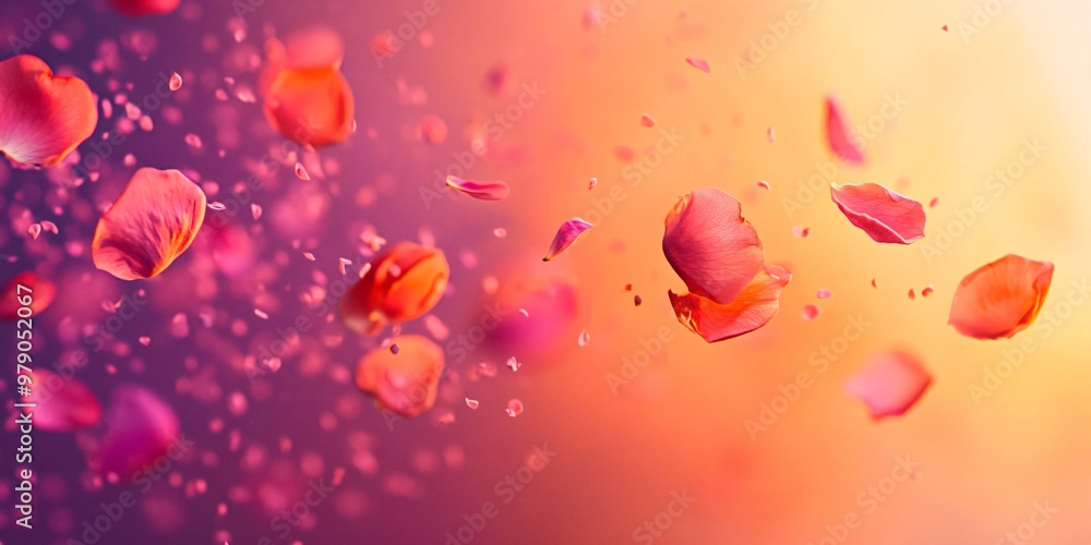 A close-up view of a single red rose petal floating in the air, with other rose petals floating in the background against a blurred pink and orange gradient. A close-up view of a single red rose petal floating in the air, with other rose petals floating in the background against a blurred pink and orange gradient.