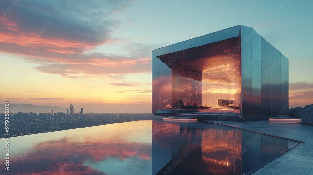 A futuristic cube house with sleek metallic walls reflecting the sunset, featuring a rooftop infinity pool overlooking a cityscape, minimalist modern design A futuristic cube house with sleek metallic walls reflecting the sunset, featuring a rooftop infinity pool overlooking a cityscape, minimalist modern design