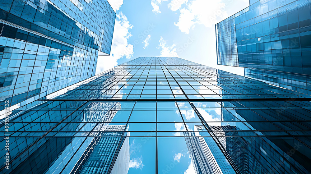 A Low Angle View of Modern Glass Buildings Reflecting Blue Sky with White Clouds A Low Angle View of Modern Glass Buildings Reflecting Blue Sky with White Clouds