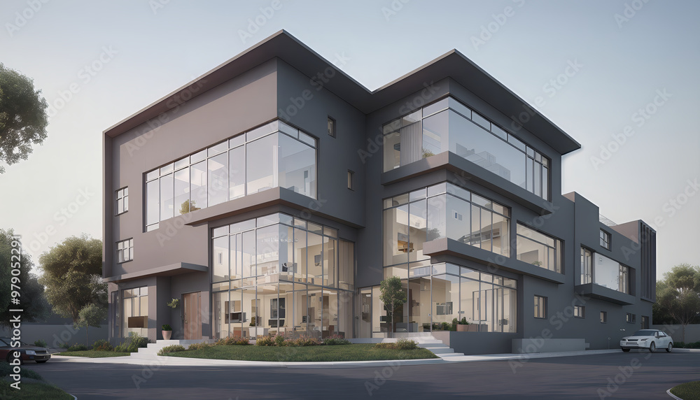 Illustrative frontal view of a new, modern and clearly architecturally planned house, new modern architecture, architectural visualization Illustrative frontal view of a new, modern and clearly architecturally planned house, new modern architecture, architectural visualization