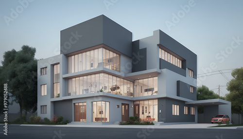 Illustrative frontal view of a new, modern and clearly architecturally planned house, new modern architecture, architectural visualization