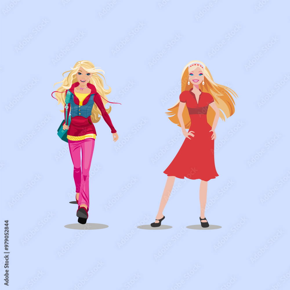 Two girls with bags walking.Vector illustration Two girls with bags walking.Vector illustration