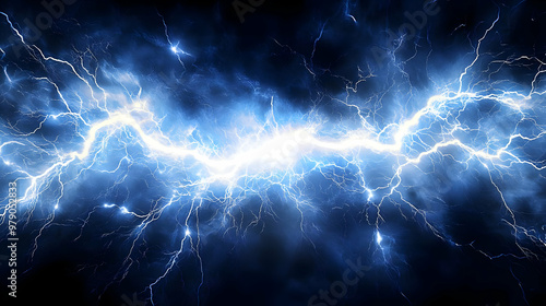 Abstract Blue Lightning Bolt Background with White Energy Streaks  and Dark Clouds