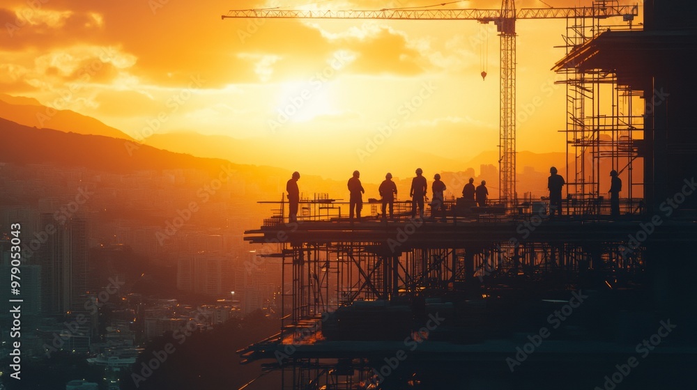 futuristic construction site, group of construction workers in the foreground, sunset in the background futuristic construction site, group of construction workers in the foreground, sunset in the background
